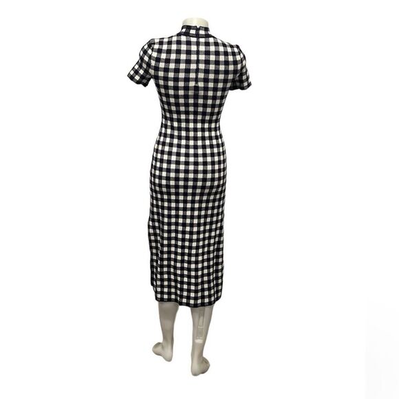 Staud Heli navy & white gingham short sleeve fitted midi dress size Small NWT - Picture 2 of 10